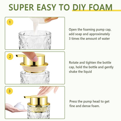 Abriclo Glass Foaming Soap Dispenser 2 Pack Refillable Foaming Hand Soap Dispenser with Gold Large Pump Wide Opening for Bathroom Kitchen Countertop Modern Home Decor with Elegant Pattern, Transparent