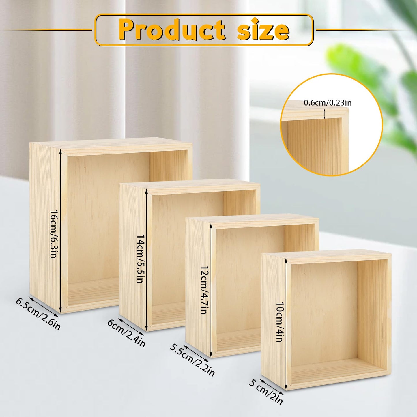 DISWALE 16 Pcs Unfinished Wooden Boxes, 4 Sizes Wood Crates for Crafts, Rustic Square Storage Centerpiece for Table, Home Drawer Decor, Treasure Box, 6.3x6.3, 5.5x5.5, 4.7x4.7, 4x4 Inch