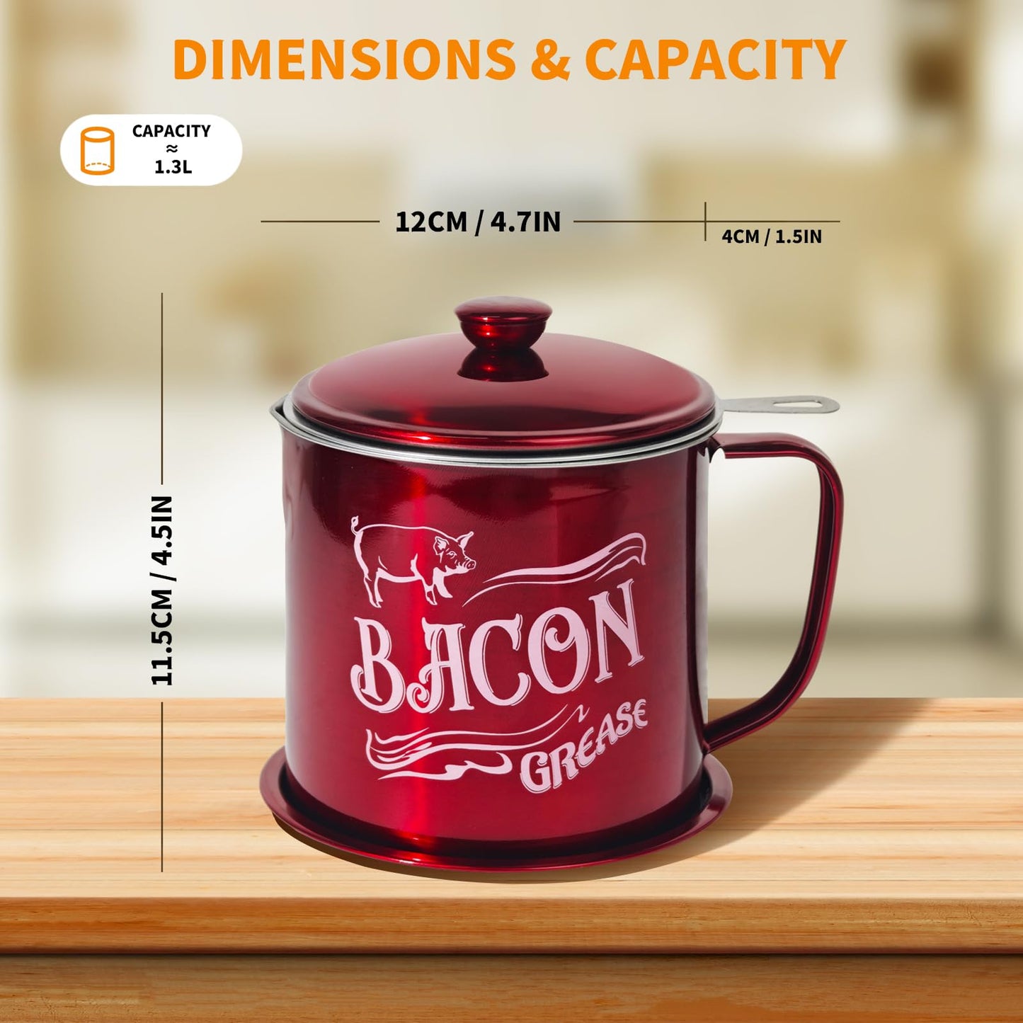 QMET 1.3L Bacon Grease Saver Container with Fine Mesh Strainer,Stainless Steel Oil Keeper Can for Bacon,46oz Large Rustic Farmhouse Fat Container, Keeper, Recipes, Dishwasher Safe (Red)