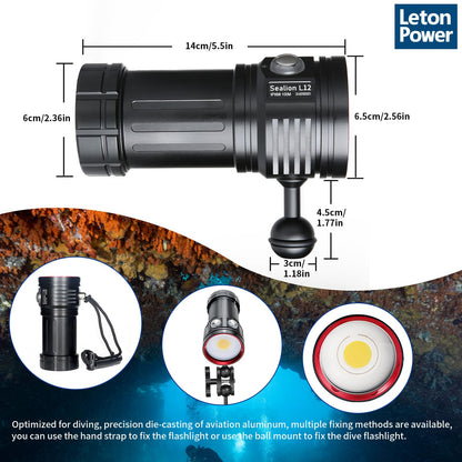 LetonPower Diving Flashlight, L12 8000Lumens Dive Light,100m Underwater Video Light, Scuba Dive Lights, Underwater Flashlight with Type-C Charging for Professional Under Water Sports