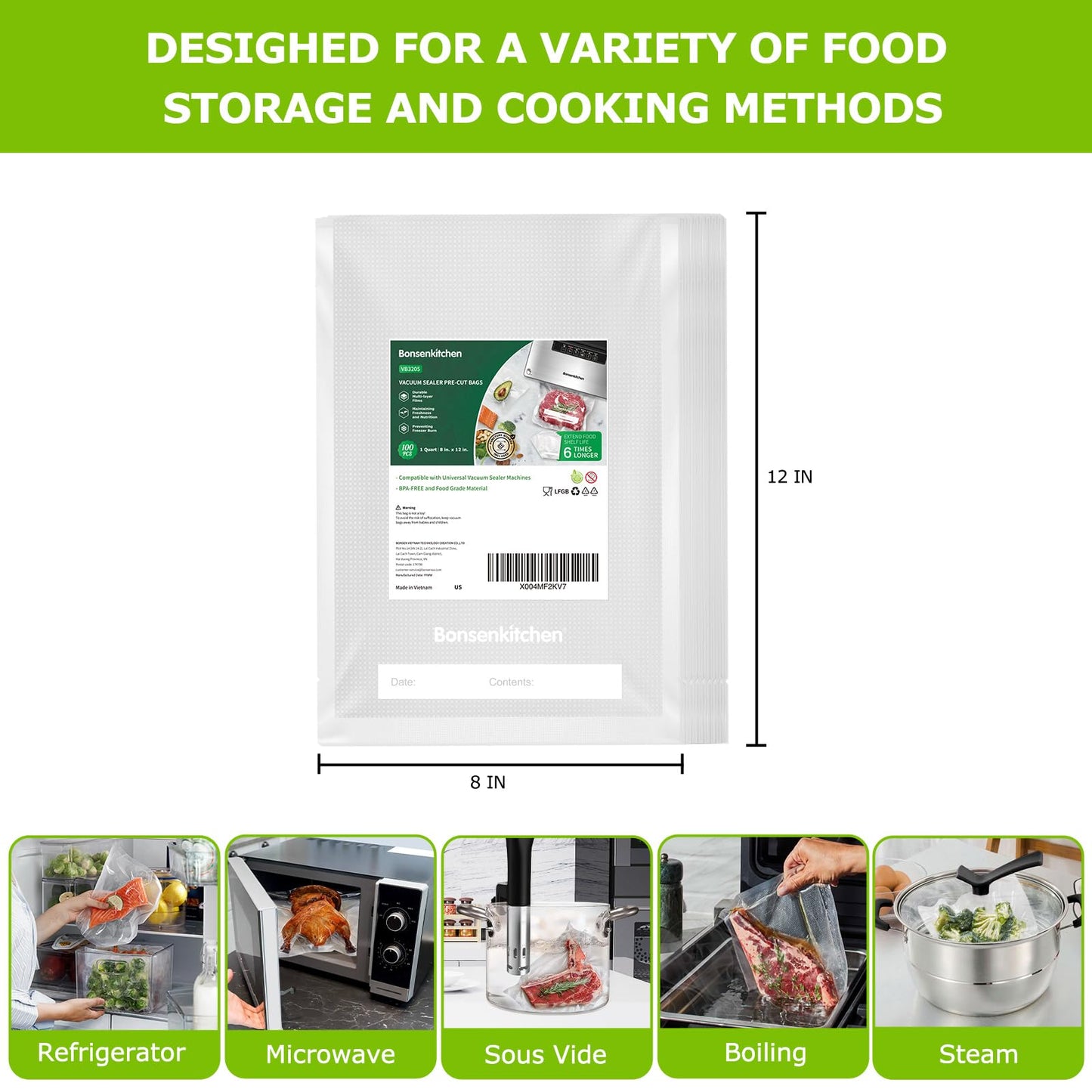 Bonsenkitchen Precut Vacuum Sealer Bags 200 Quart 8" x 12", BPA Free, Commercial Grade Textured Food Vacuum Sealer Bag, Thick Embossed Bags for Storage and Sous Vide Cooking VB3208