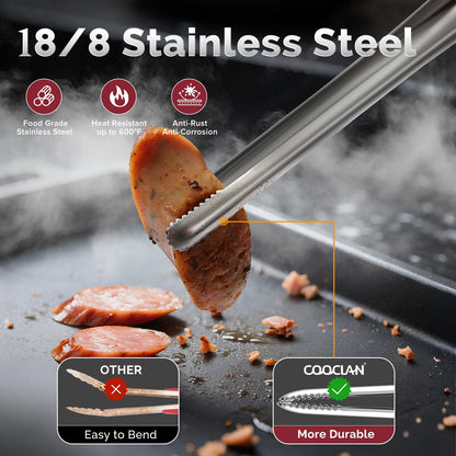 COOCLAN Precision Serrated Non-Slip Tips Cooking Tongs 2 Set (11.5" & 13.5"), 18/8 Stainless Steel Metal Tong, Light but Durable, Easily Control Kitchen Tweezer Tongs for Frying, Plating, BBQ