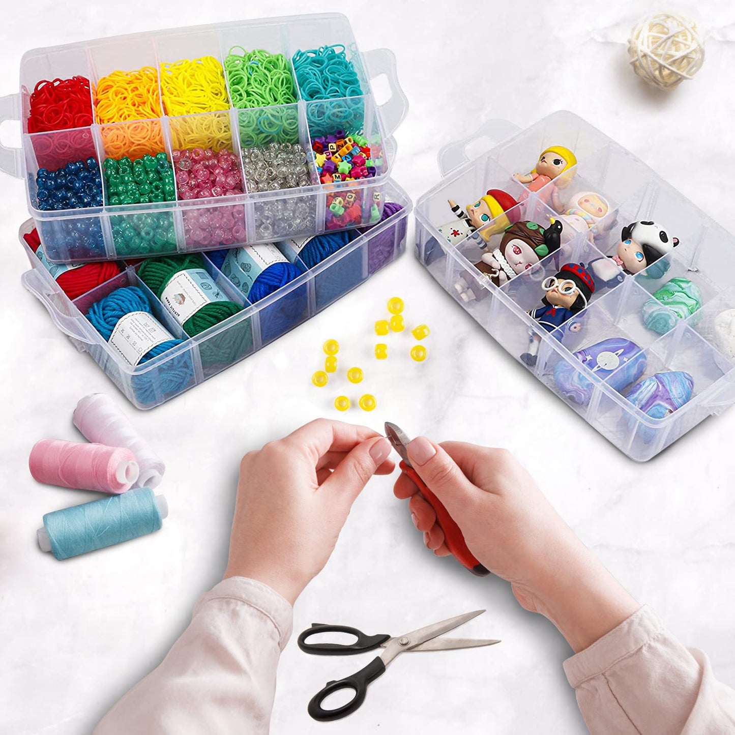 Guyuyii 3-Tier Stackable Bead Organizer with Adjustable Dividers - 30 Compartments Plastic Storage Box for Washi Tape, Lego Pieces, Rock Collection & Sewing Threads - Portable Craft Case with Handle