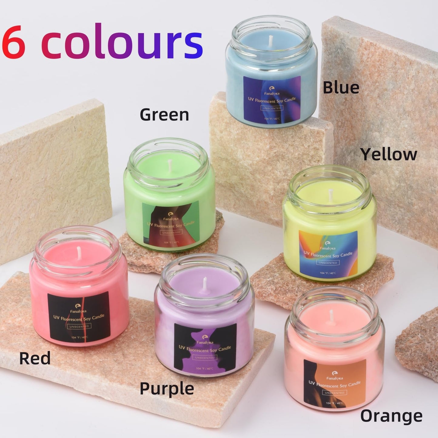 UV Fluorescent Soy Wax Low Temperature Candles, Low Heat Body Safe Candle for Night Party, Unscented, 104 °F, 5 oz (Yellow)