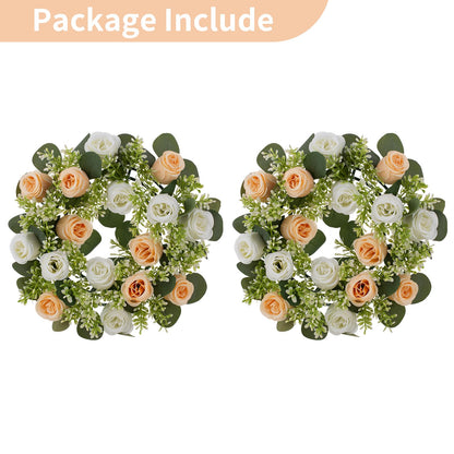 NUPTIO Flower Candle Rings Centerpieces: 13.4 Inch Champagne & White Artificial Rose Wreath for Wedding Party Christmas Decorations - Spring Summer Front Door Porch Decor 2 Pcs