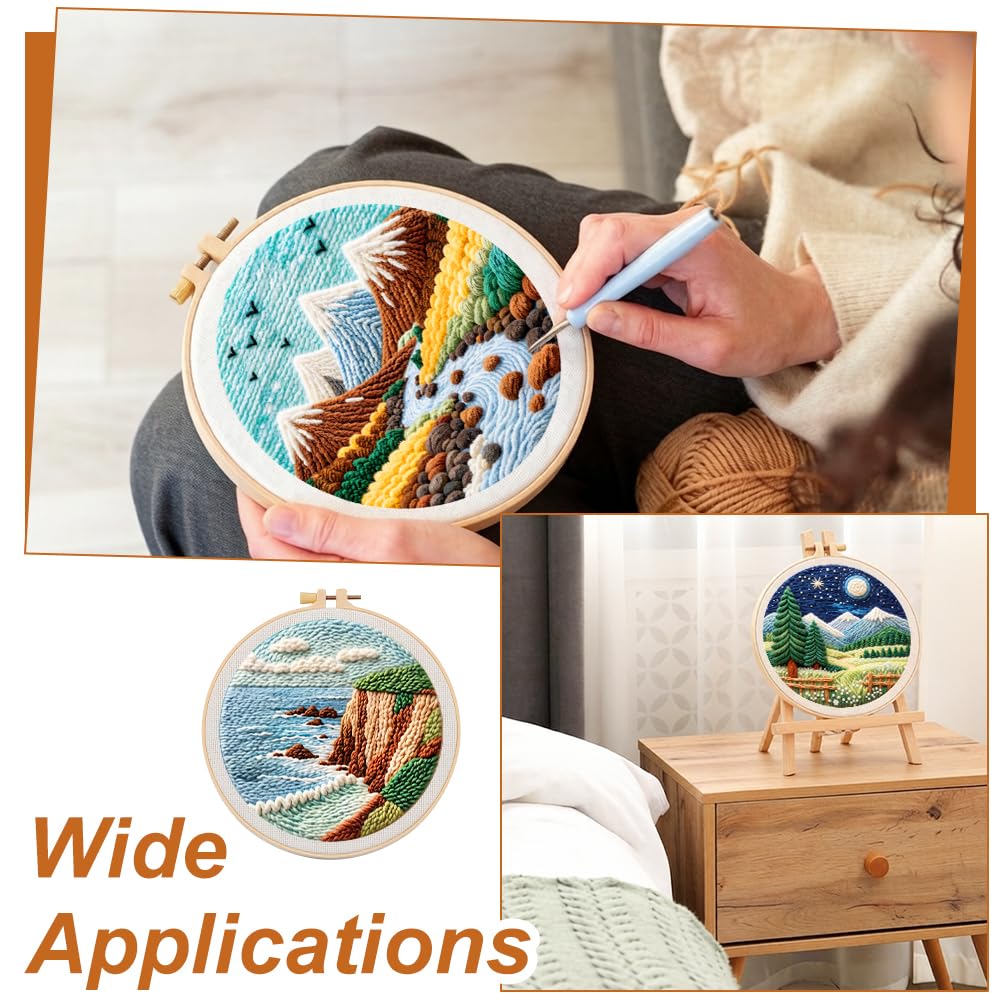 BEUNITONE 3PCS Landscape Punch Needle Kit for Adults Beginners, Complete Craft Kit Needlepoint Kits for Adults with Hoop, Punch Needle Starter Craft Set for Cloth Festival Gift and Home Decor 20X20CM