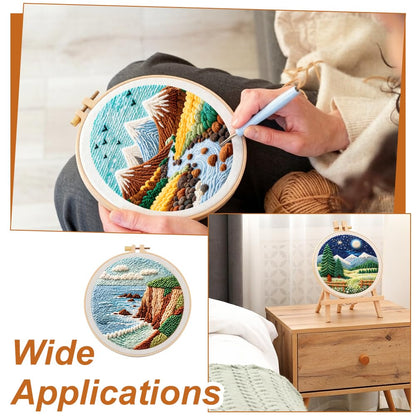 BEUNITONE 3PCS Landscape Punch Needle Kit for Adults Beginners, Complete Craft Kit Needlepoint Kits for Adults with Hoop, Punch Needle Starter Craft Set for Cloth Festival Gift and Home Decor 20X20CM