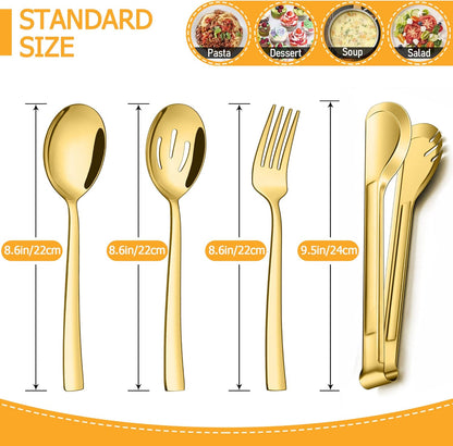 LIANYU Gold Serving Utensils Set of 8, Stainless Steel Serving Spoons, Slotted Spoons, Serving Forks, Metal Tongs for