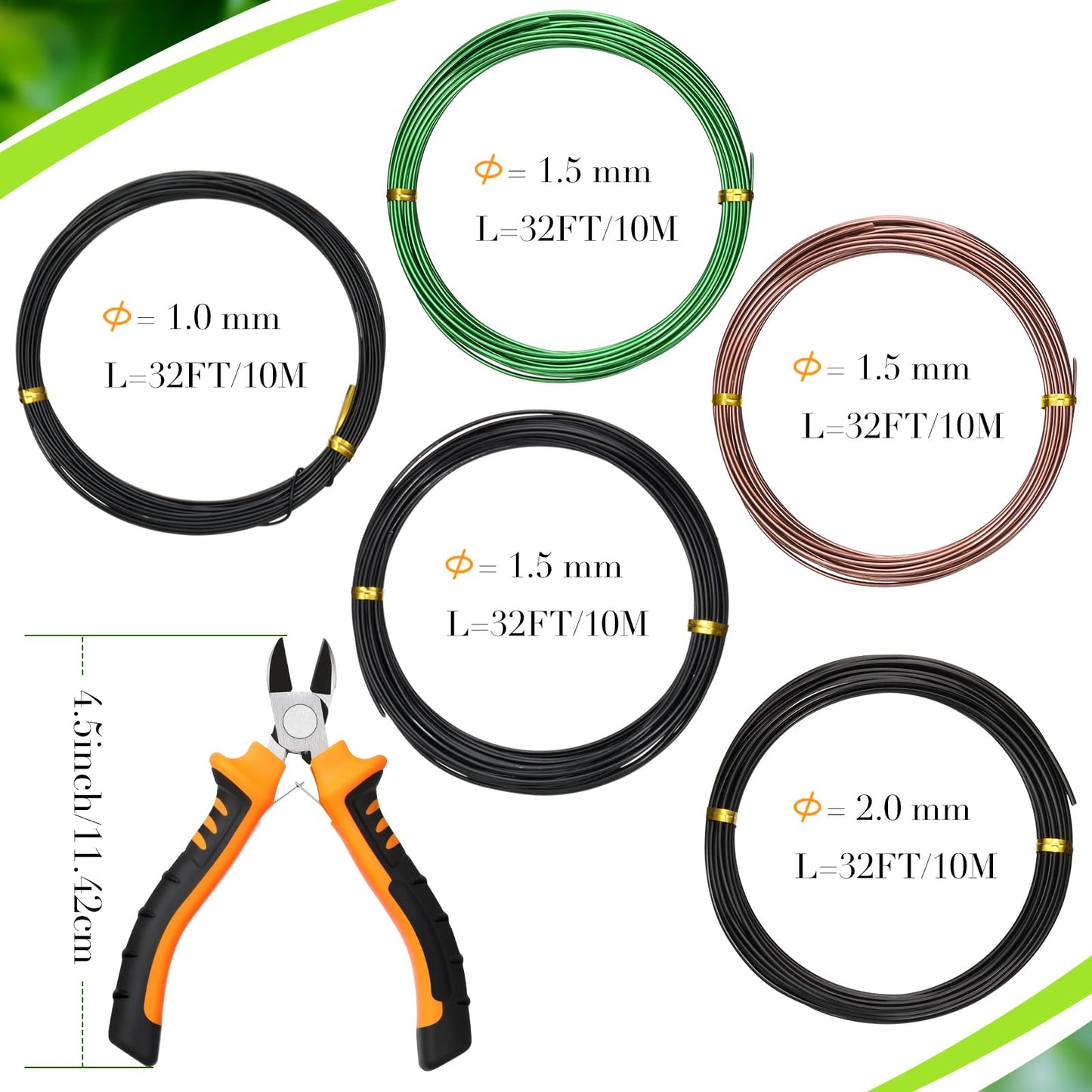 Mudder 5 Roll Aluminum Bonsai Training Wire Tree 1/1.5/2.0mm 160 Feet Total with Bonsai Wire Cutter Anodized Training for Holding Branches Small Trunks(Classic)