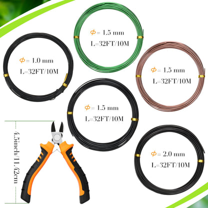Mudder 5 Roll Aluminum Bonsai Training Wire Tree 1/1.5/2.0mm 160 Feet Total with Bonsai Wire Cutter Anodized Training for Holding Branches Small Trunks(Classic)
