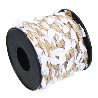 PATIKIL 33ft 5mm Burlap Leaf Ribbon, 2 Roll Braided Decoration Vine Natural Jute Rope Twine with Artificial Leaves for Jungle Wedding Party Home Garden Decor, White
