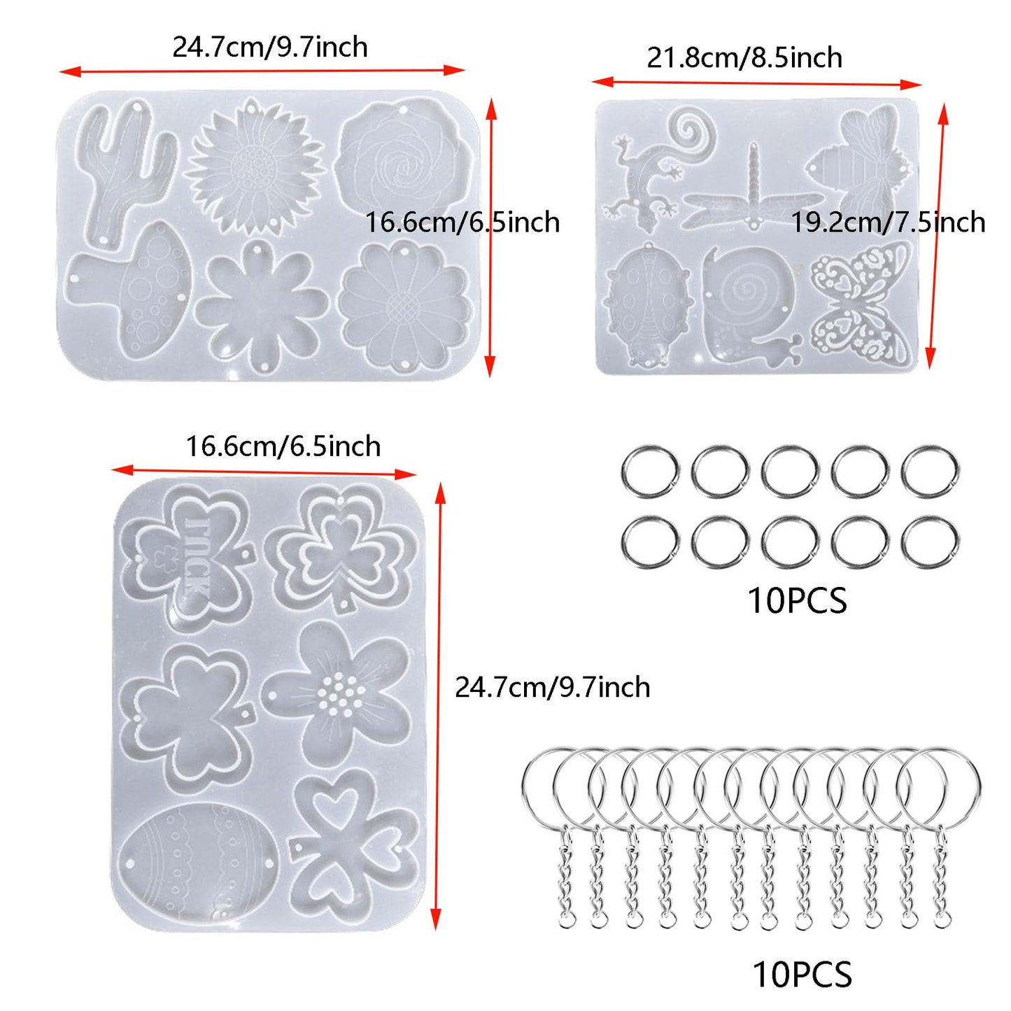 Attuslla 3 PCS Pendant Resin Molds Silicone Resin Jewelry Molds, Earring Making Kit, Silicone Molds with Key Chains, Jump Rings for Pendant, Keychain Charm
