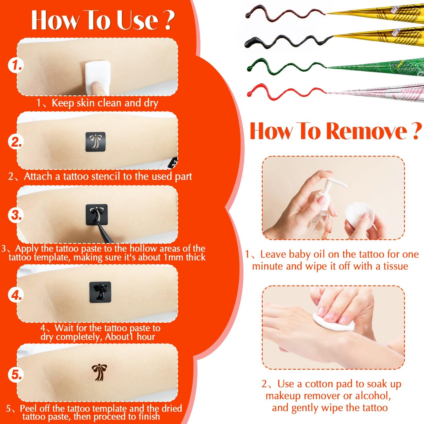 MuseLuxe Temporary Tattoos Stencils Kit,Temporary Tattoos Kit - 8 Pcs 4 Color(Brown,Black,Cherry red,Green), Ink with Gloves,DIY Body Art Painting for Women Men Adults Kids