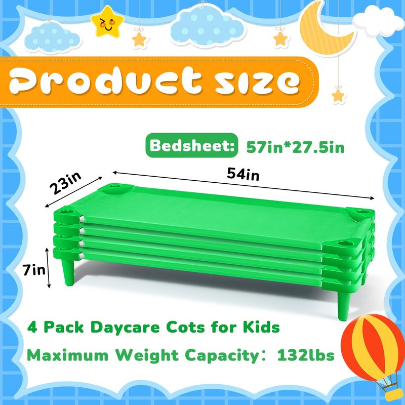 Burbell 4 Pcs Stackable Daycare Cots for Toddler 54" l x 23" W Kids Cots for Sleeping Portable Kids Bed Furniture Bed Frames Headboards Footboards for Classroom Preschool (Green)