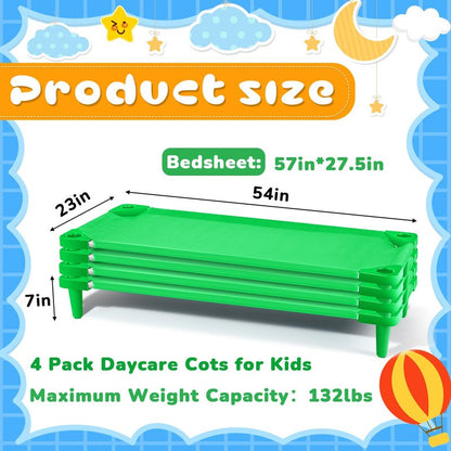 Burbell 4 Pcs Stackable Daycare Cots for Toddler 54" l x 23" W Kids Cots for Sleeping Portable Kids Bed Furniture Bed Frames Headboards Footboards for Classroom Preschool (Green)