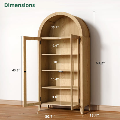 Topcomfy 63" Arched Display Cabinet with Glass Doors, 5-Tier Display Cabinets for Collectibles Wood Display Cabinet with Adjustable Shelves Display Curio Cabinet for Living Room Office, Oak