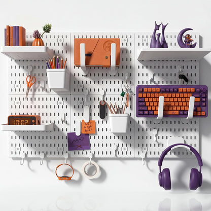 LBW Pegboard Wall Organizer, 6-Pack 11.8" × 11.8" White ABS Peg Board Panels with 27 Accessories, Modular Plastic Pegboard Combination Kit for Home, Office, Garage, Tool Storage & Craft Room
