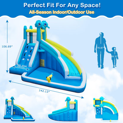 Seahorse Inflatable Water Slide for Kids Backyard | 5-in-1 Blow Up Splash Park with Climbing Wall, WaterSlide, Water Cannon, Basketball Hoop & 480W Blower| Indoor/Outdoor Toys for Ages 3+