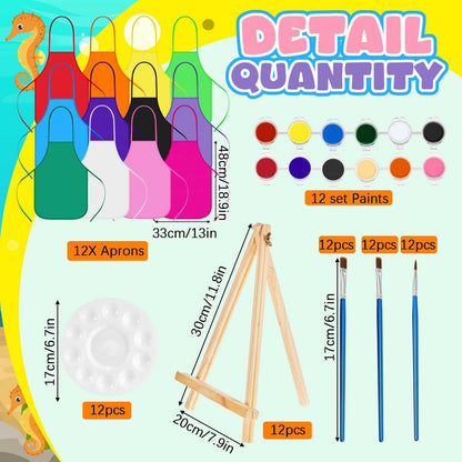 Ireer 12 Set Paint Party Set 8 x 10 Sip and Paint Kit Include 12 Printed Pre Drawn Canvas Panel, Wooden Easels, Palettes, Pots, Apron 36 Brushes for Adult Art DIY Party(Mermaid)