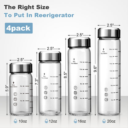 Olivego 16oz Juice Bottles - 4 Pack Wide Mouth Glass Bottles with Lids- BPA Free, Stainless Steel Lids for Juicing, Smoothies, Infused Water, Beverage Storage - Leakproof, Borosilicate, Clear