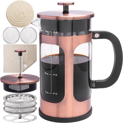 ADAMITA French Press Coffee Maker, 8 cups 34 oz 304 Stainless Steel with 4 Filter Screens, Easy Clean Borosilicate
