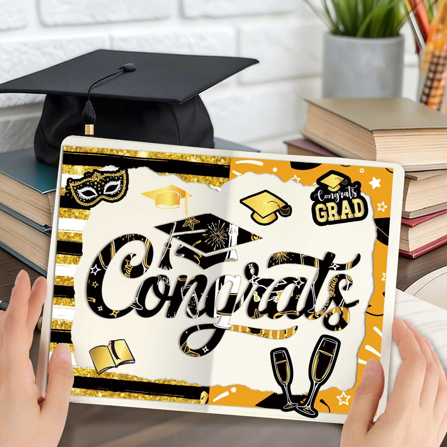 Konsait 24 Sheets Graduation Scrapbook Paper 12x12, Double Sided Grad Patterned Paper Black and Gold Decorative Cardstock Graduation Origami Papers for Card Making Scrapbook Supplies