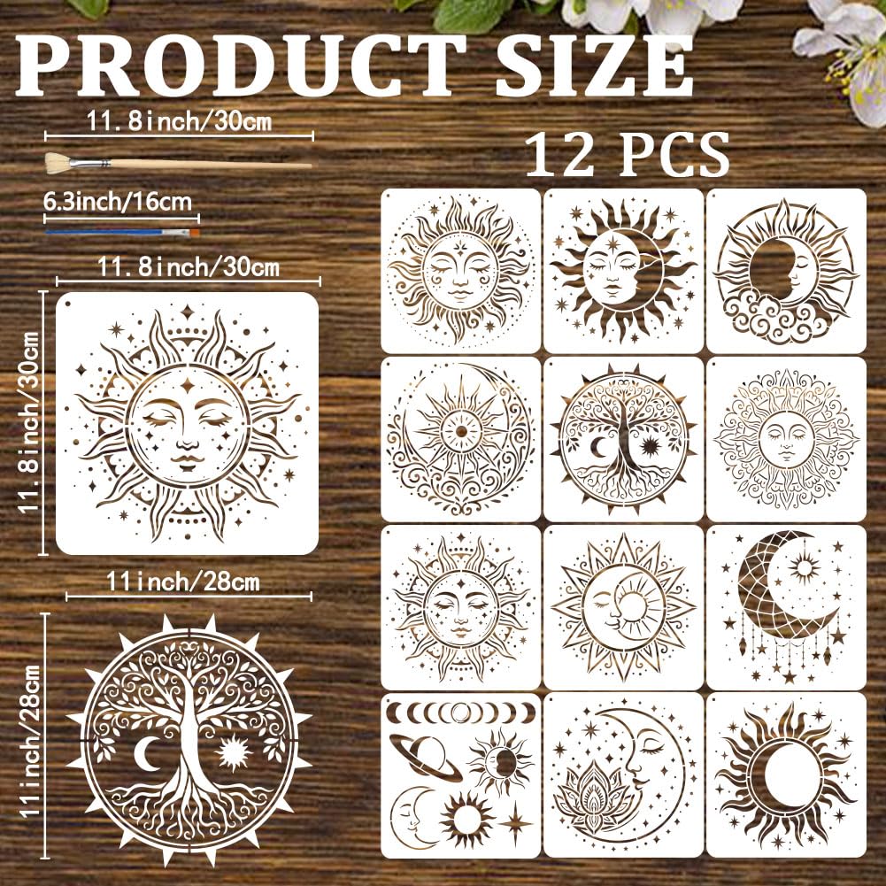 EVERJOYCRAFT 12pcs Mandala Sun and Moon Stencils for Painting 11.8"x11.8" Plastic Drawing Stencils for Crafts Reusable Star Tree Templates with Brushes Painting on Wood Wall Furniture Canvas Scrapbook