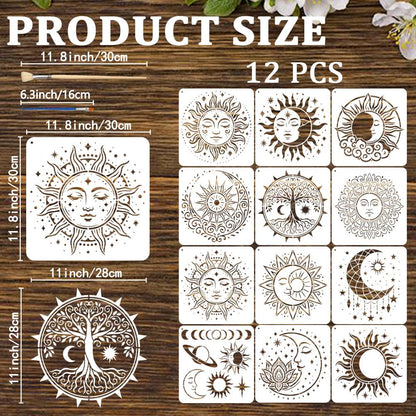 EVERJOYCRAFT 12pcs Mandala Sun and Moon Stencils for Painting 11.8"x11.8" Plastic Drawing Stencils for Crafts Reusable Star Tree Templates with Brushes Painting on Wood Wall Furniture Canvas Scrapbook