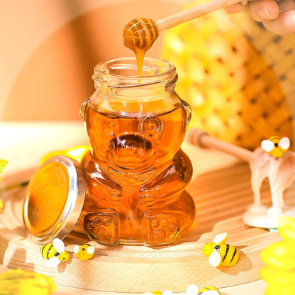 24 Pack 9.5 oz Patelai Glass Bear Shaped Honey Jars with Lids Reusable Small Tilted Bear Glass Bottles Containers