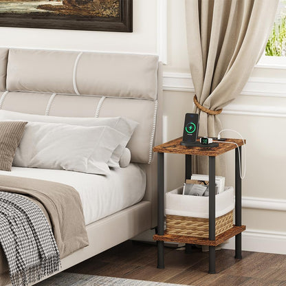 2-Tier UTBT105F VIMBER Side Table with Charging Station, End Tables with USB Port and Outlets, Nightstands with Storage