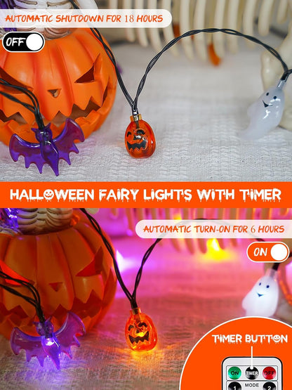 Skiennix Halloween String Lights - 3D Pumpkin, Bat & Ghost Fairy Lights | Battery Operated, 30 LEDs, Waterproof, 8 Modes & Timer for Indoor/Outdoor Decor