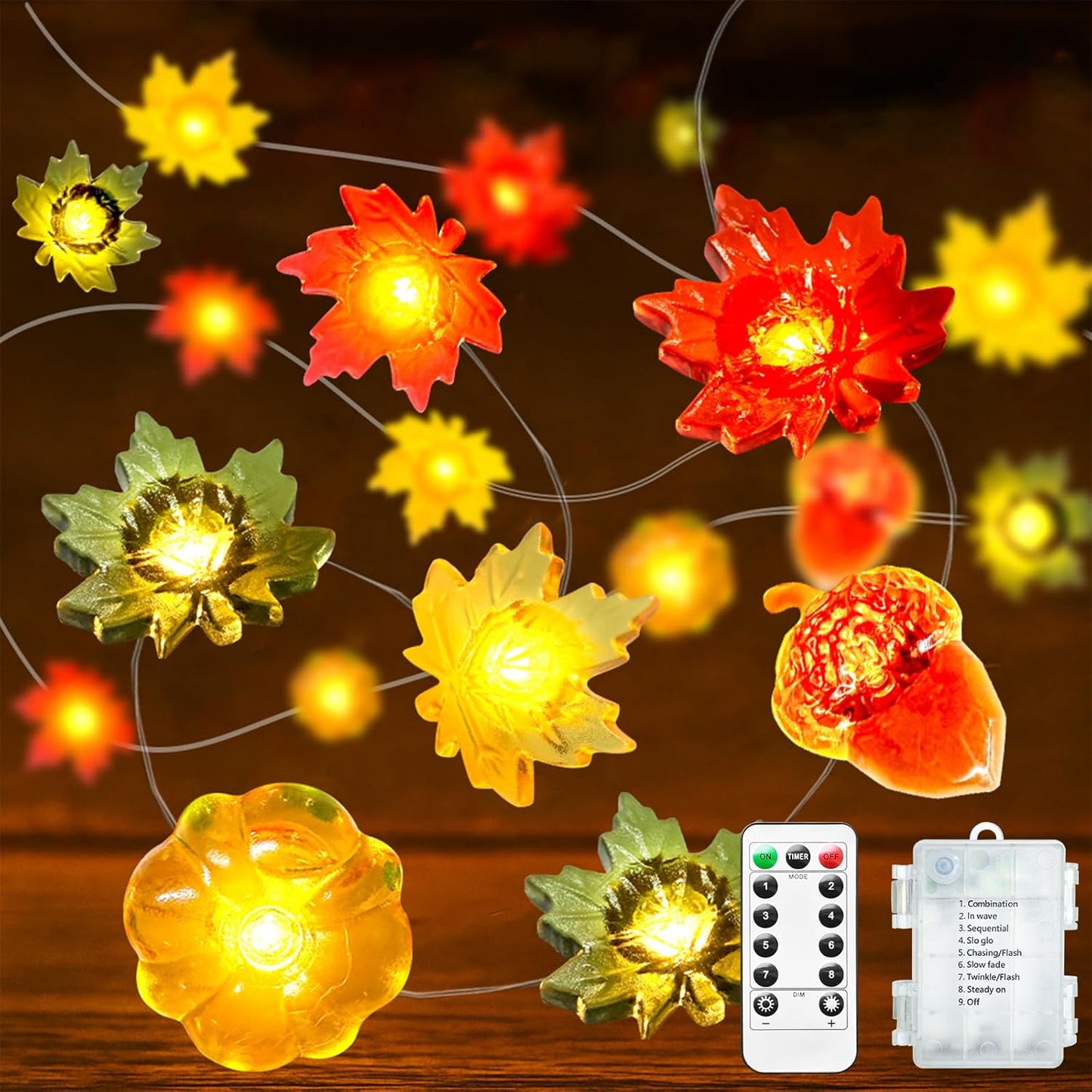 16.4FT 50 3D btfarm Fall Decor LED Pumpkin Maple Leaf Acorn Fairy String Lights Battery Operated with Remote Timer