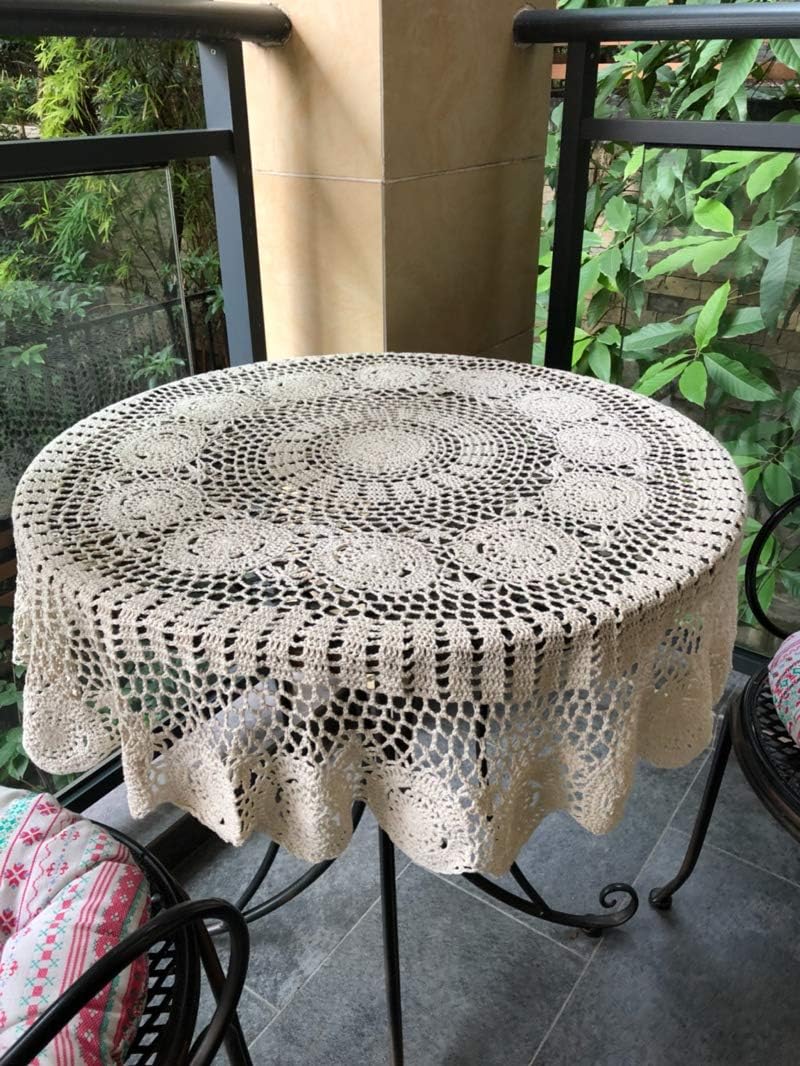 Damanni Beige Cotton Handmade Crochet Lace Tablecloth Doilies, Round, 35 Inch