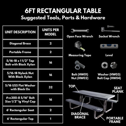 COATEDOUTDOORFURNITURE Heavy-Duty Portable Outdoor Picnic Table, Thermoplastic Coated Expanded Metal Commercial-Grade Patio Furniture Made in America (6ft Rectangular, Black)