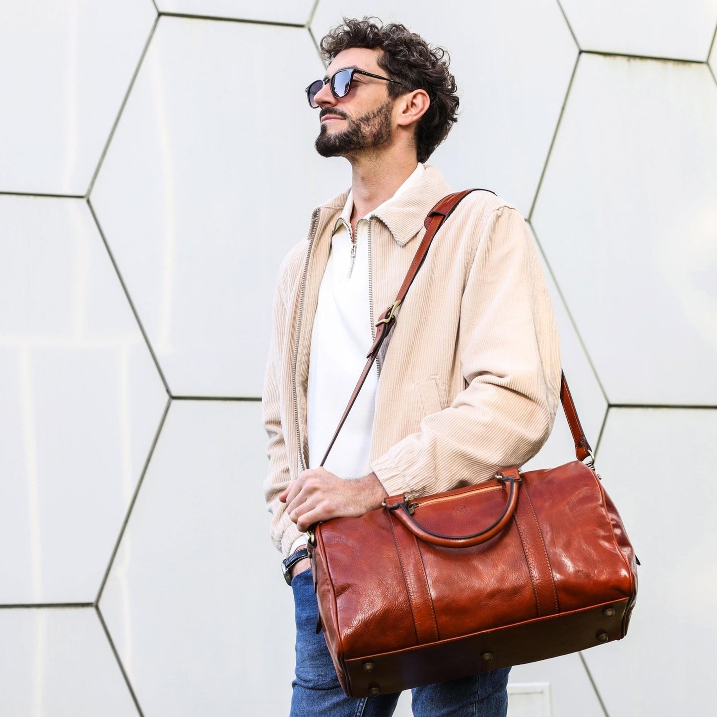 Time Resistance Full Grain Leather Small Duffel Bag - Gym Weekender Overnight Bag (Cognac Brown)