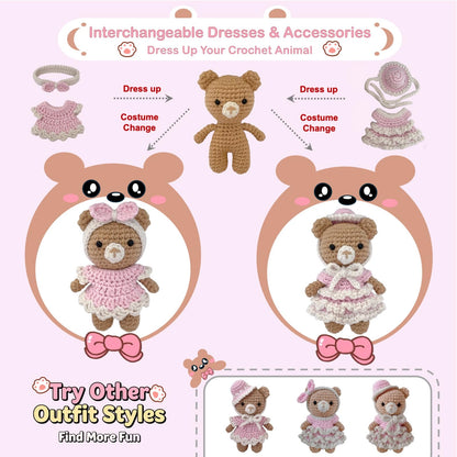 LoopMap Crochet Kit for Beginners – Amigurumi Crochet Animal Kit, Easy Starter Kit with Video Tutorial, Complete Crochet Kit with Extra Yarn, Gift for Adults & Teens (Bear, Pink)