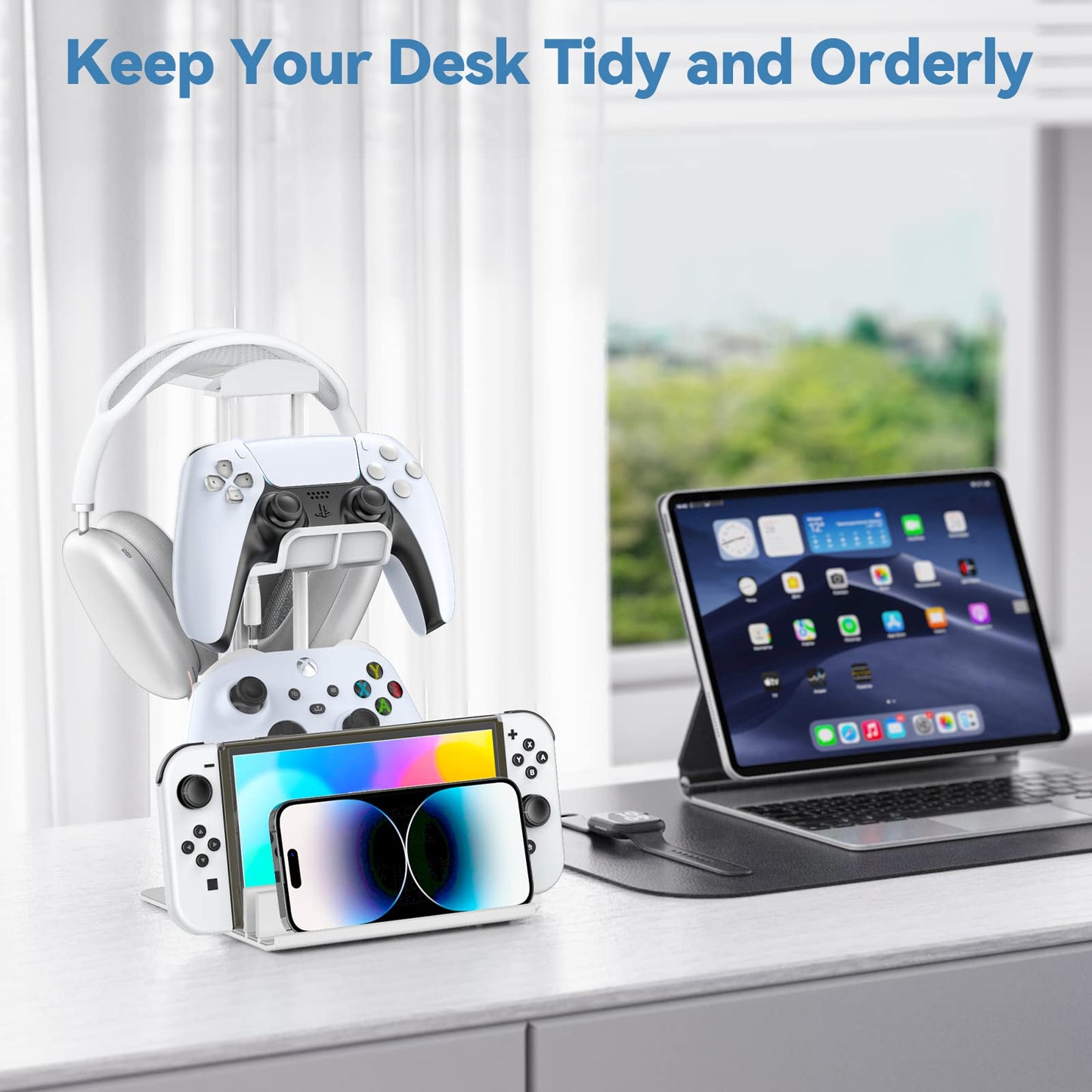KDD Headphone Stand, Controller Holder & Headset Holder for Desk, Earphone Stand with Aluminum Supporting Bar, Universal Storage Organizer Headphones/Controller/Switch/Mobile Phone(White)
