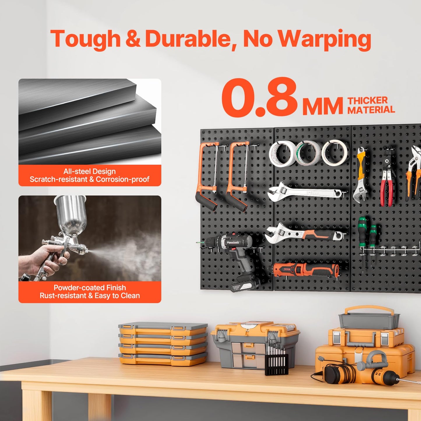 VEVOR Metal Pegboard Panels, 24" x 12" Pegboard, 3 Panels, Heavy Duty Steel Peg Board Wall Organizer, for Living Room Garage Tool Storage Workbench Office Organization Craft Room Kitchen Home, Black