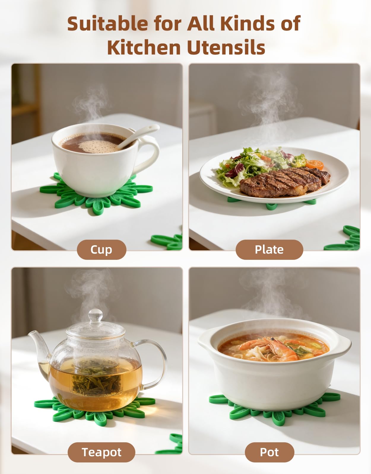 Silicone trivet tree Placemats, Tree Trivet Set-6pcs Trivets for HotDishes with Stand, Wooden-Style Tree Trivet Look, Non-Slip Washable Trivet, Trivets with RGB Light, Tree Pot Holder for Various dish