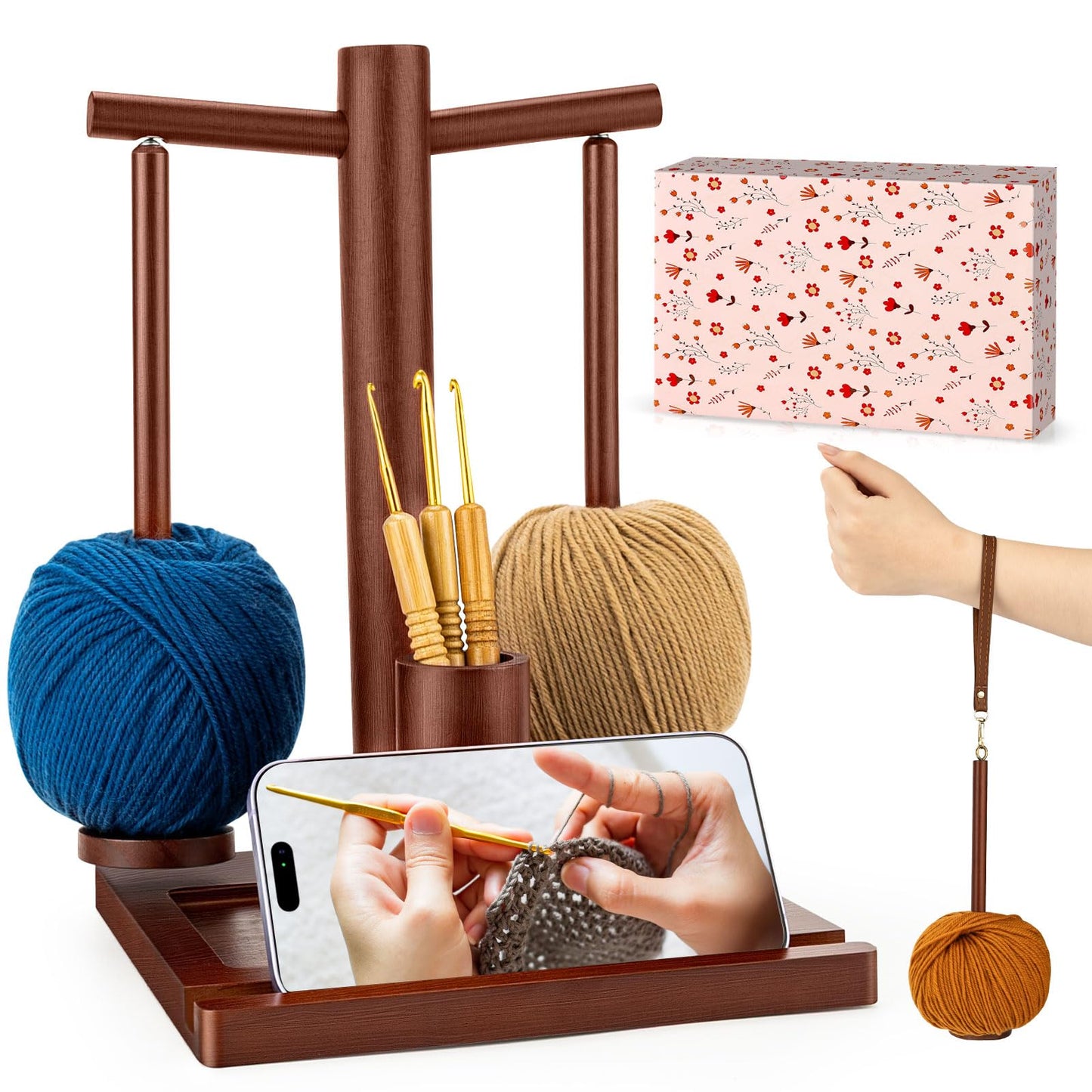 OrbitShell 2-in-1 Yarn Holder for Crocheting and Knitting, Dual Spindle Magnetic Yarn Spinner with Portable Wrist & Shoulder Strap, Wooden Yarn Minder for Home & Travel Use, Crochet Gifts for Crafters