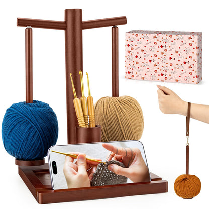 OrbitShell 2-in-1 Yarn Holder for Crocheting and Knitting, Dual Spindle Magnetic Yarn Spinner with Portable Wrist & Shoulder Strap, Wooden Yarn Minder for Home & Travel Use, Crochet Gifts for Crafters