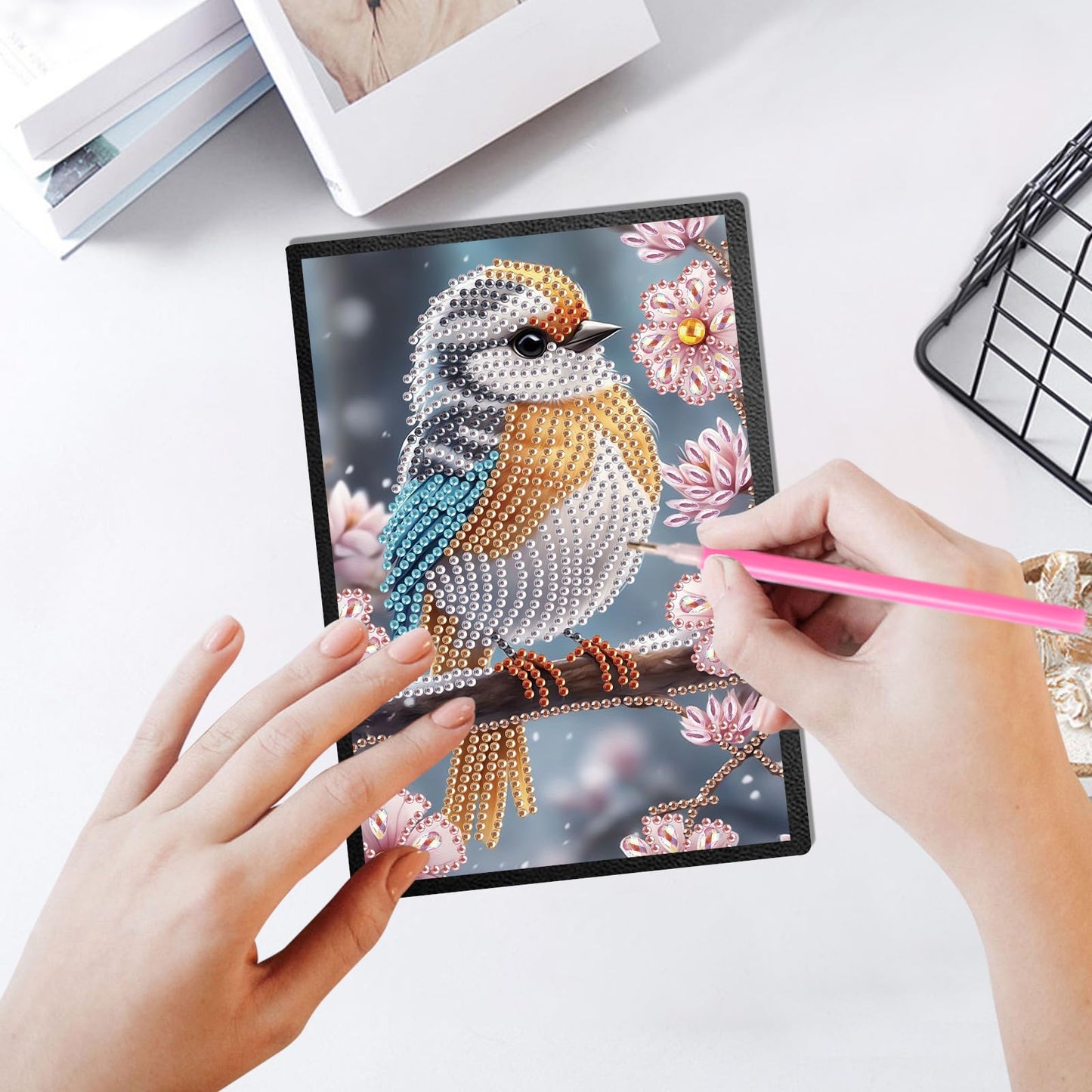 JZHYOAN Tabletop Diamond Art Note Book Kit Diamond Painting Blank Notebook A5 Mosaic Journal and DIY Sketchbook with Woodpecker Special Shaped Desk Placement Ornament Adult