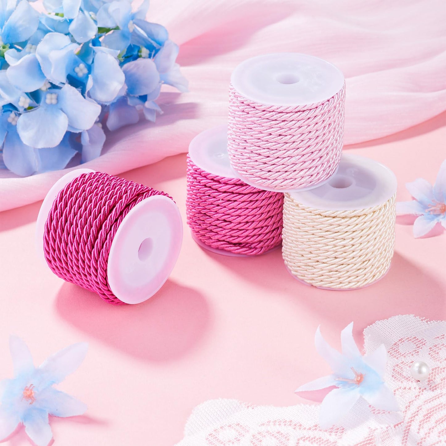 4 Rolls Polyester Twine Cords Trim 3mm 5.4yards Braided Macrame Cord Braided Twisted Silk Rope for Knitting Bag Wall Hangings Plant Hangers Handmade Macrame Supplies