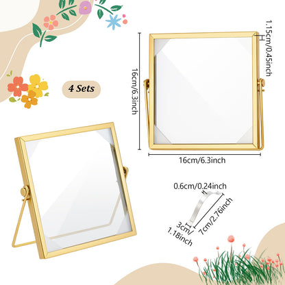 GLASSWINDS 4Pcs Pressed Flower Frame, Double Glass Frame for Pressed Flowers Handmade, 6x6 Inches Clear Glass Picture Frames, Gold Floating Frames for Press Flower Tabletop Display DIY Birthday Gift