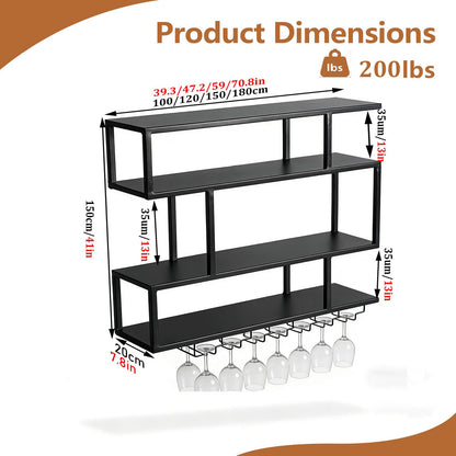 70.8IN Large Wall Mounted Wine Rack with LED Light,Metal 4 Tier Floating Wine Shelf with Glass Holder,Industrial Bar Shelf Wall Mounted Liquor Shelf Wall Mounted for Home Bar (Black 70.8in/180cm)