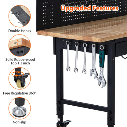 GarveeTech 60 in Heavy-Duty Adjustable Workbench with 2 Drawers & Pegboard - 2000 LBS Capacity, 4 Rolling Wheels, Rubber Wood Tabletop for Garage, Workshop, Home Office, Black
