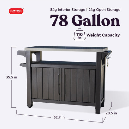 Keter Outdoor Rolling Table Cart for Food Prep, Storage, Bar & Grill, Dark Brown - Portable Kitchen Island Tabletop with Wheels for Drinks, Snacks, and Cooking