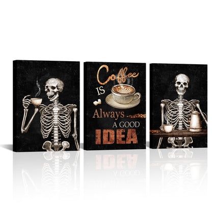 Zlove Skull Coffee Bar Wall Decor Funny Skeleton Signs Painting Prints Halloween Gothic Drinking Artwork for Kitchen, 12" x16, 3Pcs
