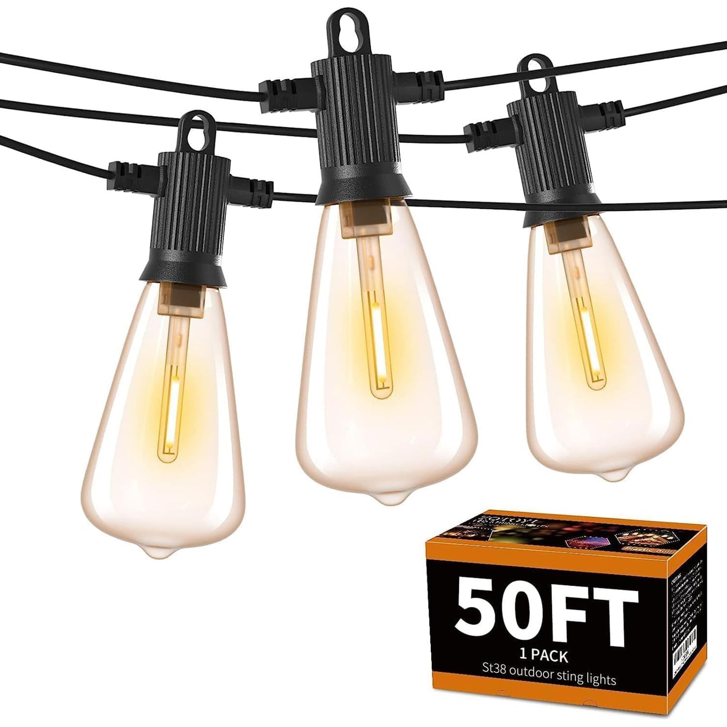 ZOTOYI Outdoor String Lights 50FT, Patio Lights with 27 LED Plastic ST38 Edison Bulbs(2 Spare), Waterproof IP65 Outside Hanging for Backyard, Garden, Cafe, Gazebo, PorchDimmable 2700K
