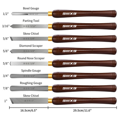 SIIIXS 8Pcs HSS Wood Turning Tools Lathe Chisel kit with Beech Handle and Wooden Box